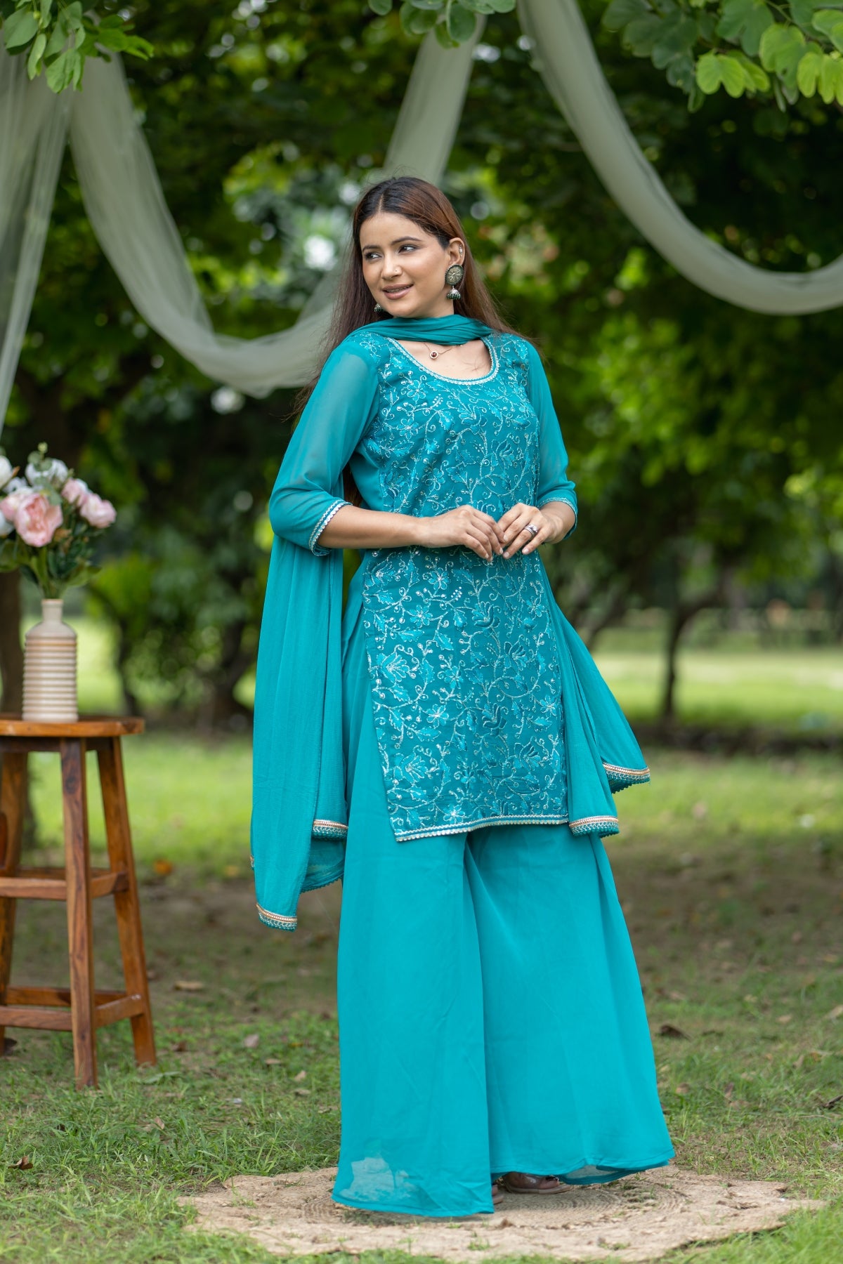 Embroidered Turquoise Georgette Kurta Set with Flared Pants & Dupatta