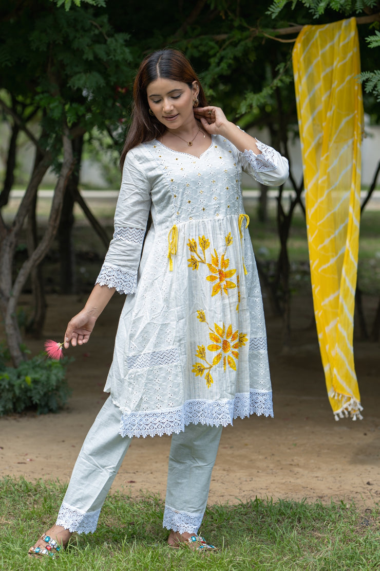 Soft White Floral Embroidered Cotton Kurta Set with Yellow Accents