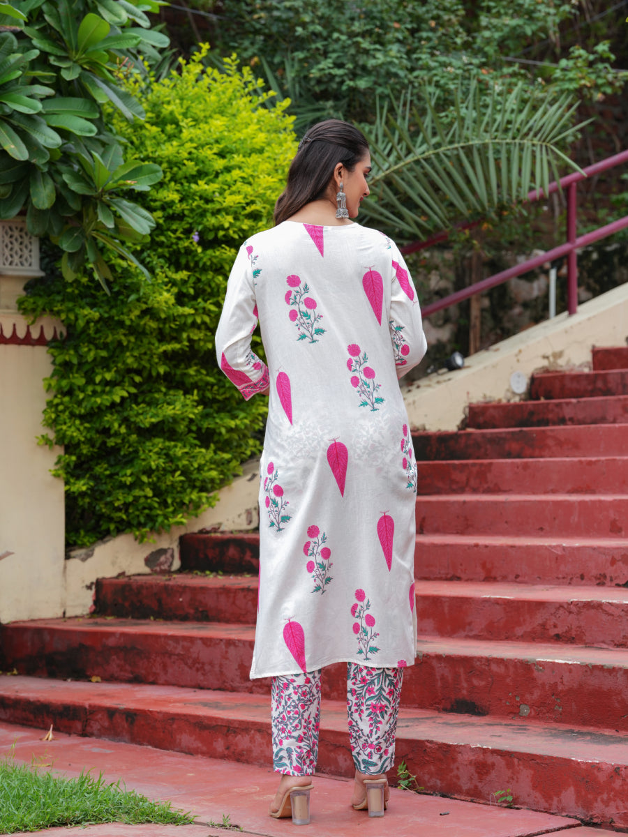 Pink Cotton Floral Boota Printed Kurta Set with Mulmul Dupatta