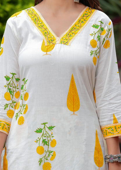 Yellow Cotton Floral Boota Printed Kurta Set with Mulmul Dupatta