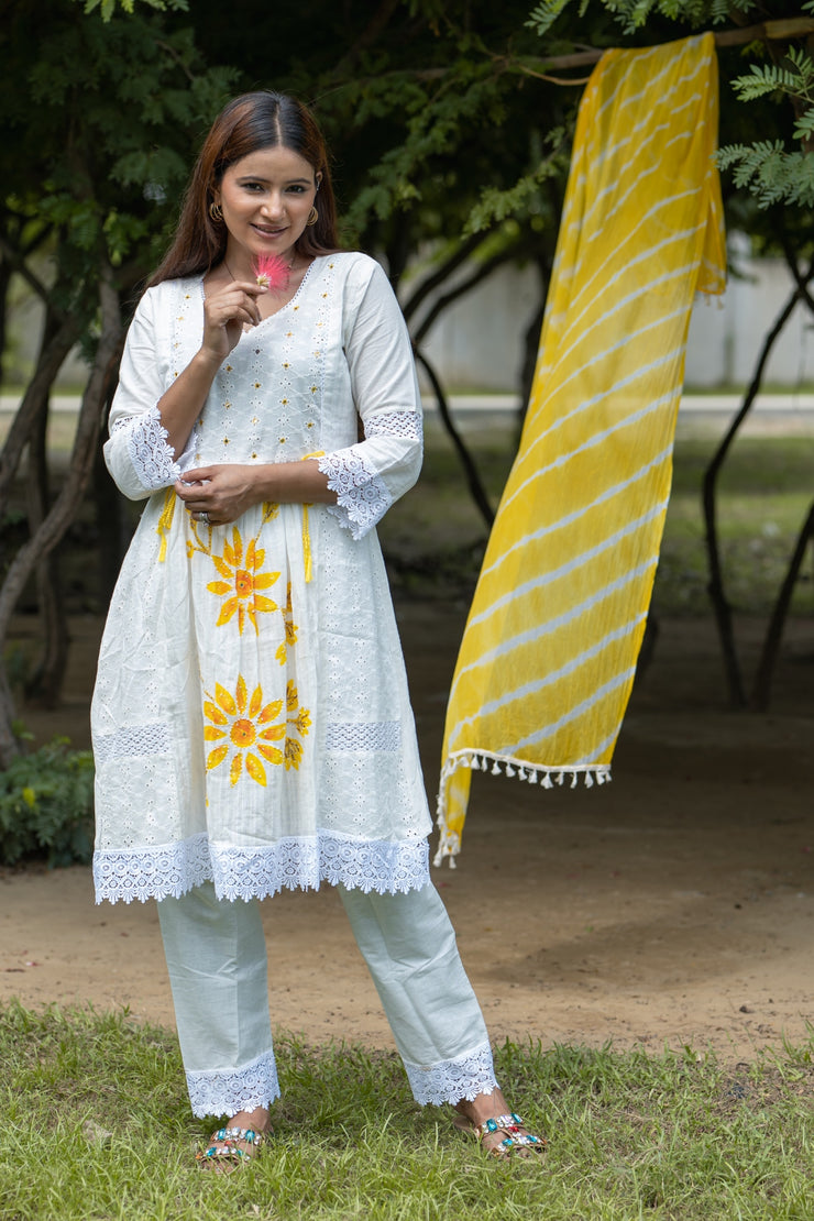 Soft White Floral Embroidered Cotton Kurta Set with Yellow Accents