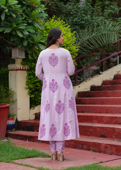 Block Printed Purple Cotton Straight Suit with Embroidered Neck Detailing