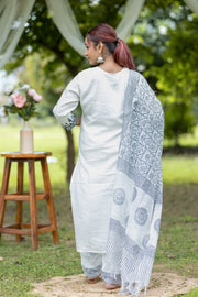 White Embroidered Viscose Rayon Blend Kurta Set with Pant & Dupatta