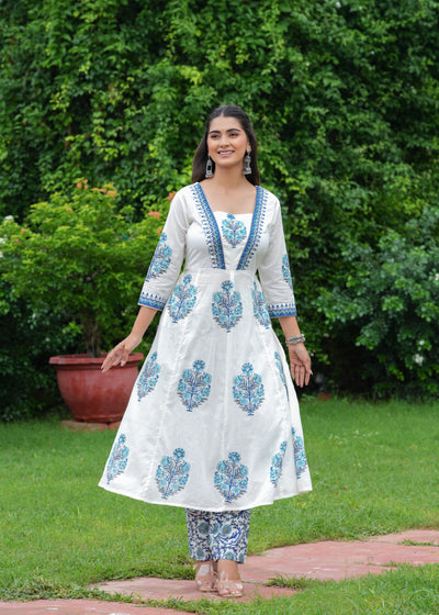 Block Printed White & Blue Cotton Straight Suit with Embroidered Neck Detailing