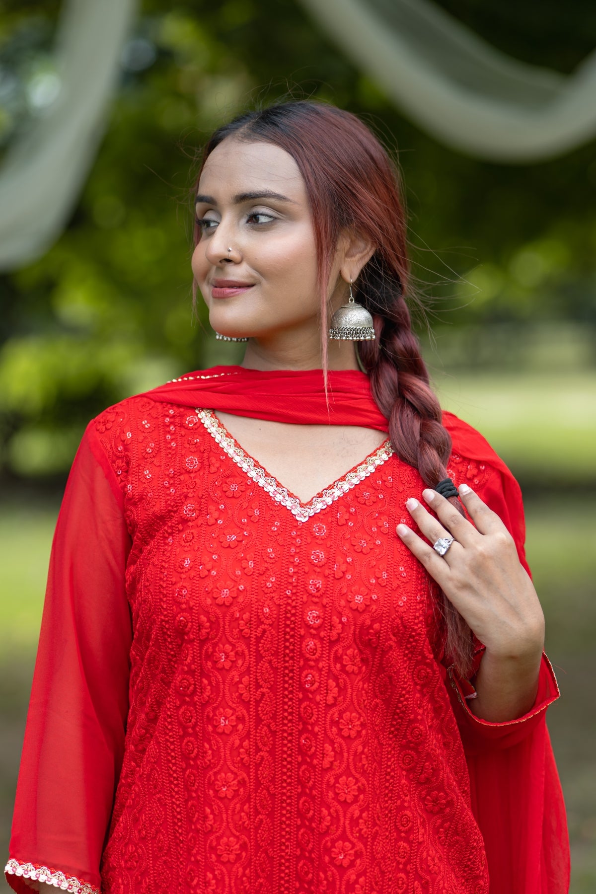 Elegant Red Embroidered Traditional Kurta Set with Potli Bag