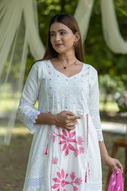 Soft White Floral Embroidered Cotton Kurta Set with Pink Accents