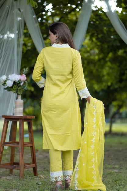 Vibrant Greenish Beige Embroidered Cotton Suit