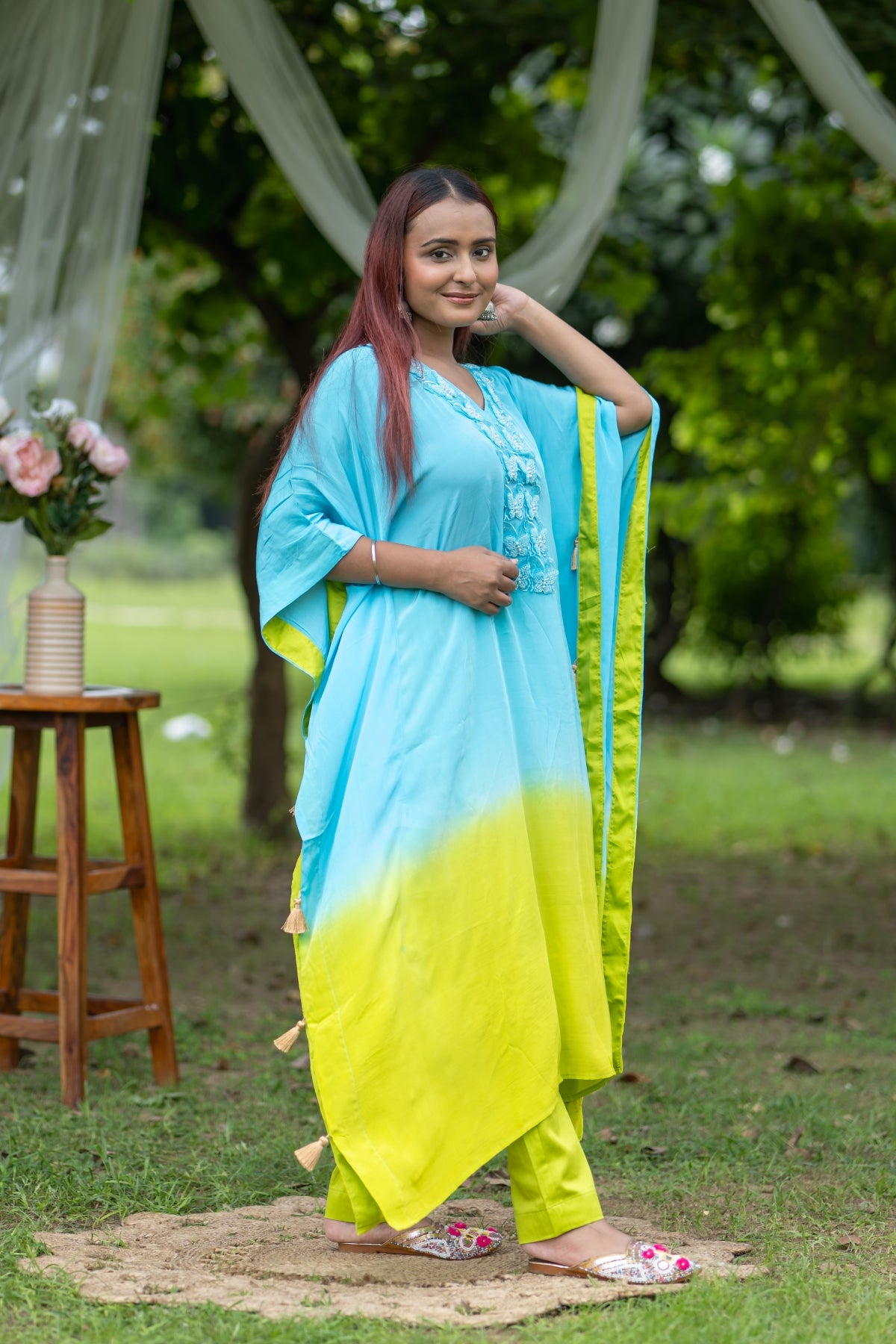 Elegant Tie-Dye Blue & Lime Kaftan Set with Embroidered Detail