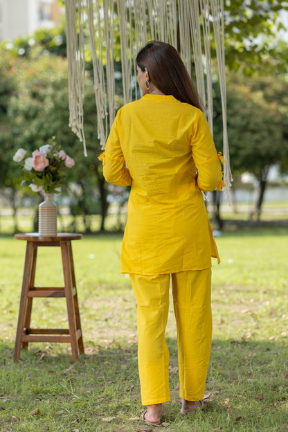 Vibrant Yellow Cotton Embroidered Coord Set