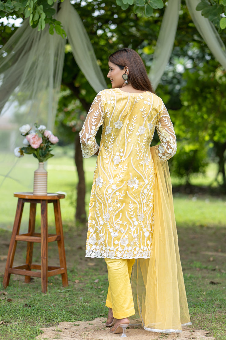 Bright Yellow Embroidered Kurta Set with Sheer Dupatta