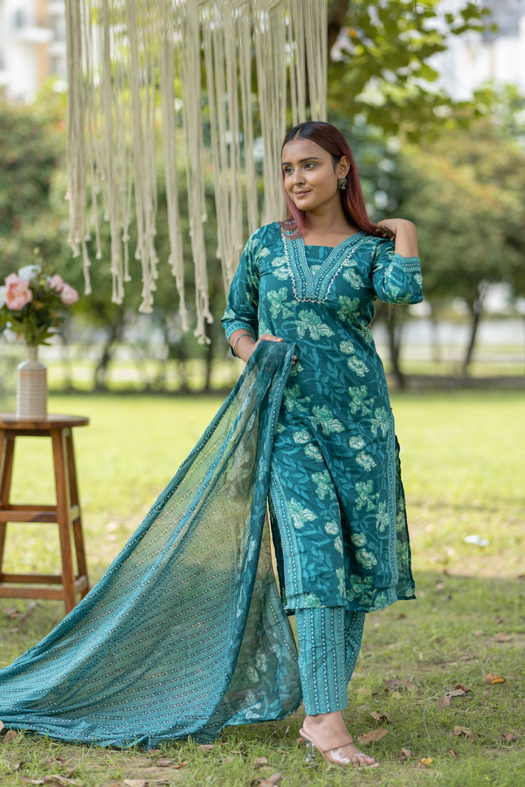 Green Cotton Printed Kurti with Embroidery on Neck and Mulmul Dupatta