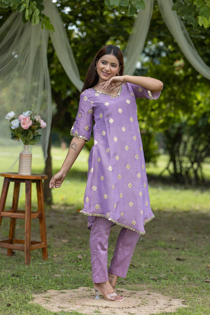 Lavender Gold Block-Printed Kurta Set