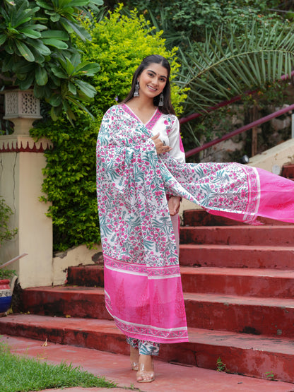 Pink Cotton Floral Boota Printed Kurta Set with Mulmul Dupatta