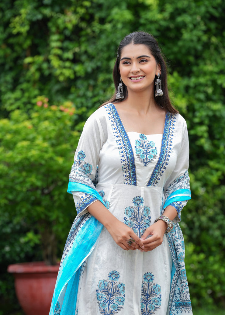 Block Printed White & Blue Cotton Straight Suit with Embroidered Neck Detailing