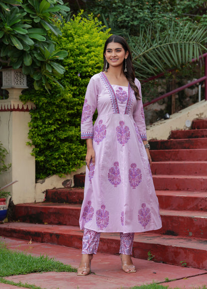 Block Printed Purple Cotton Straight Suit with Embroidered Neck Detailing