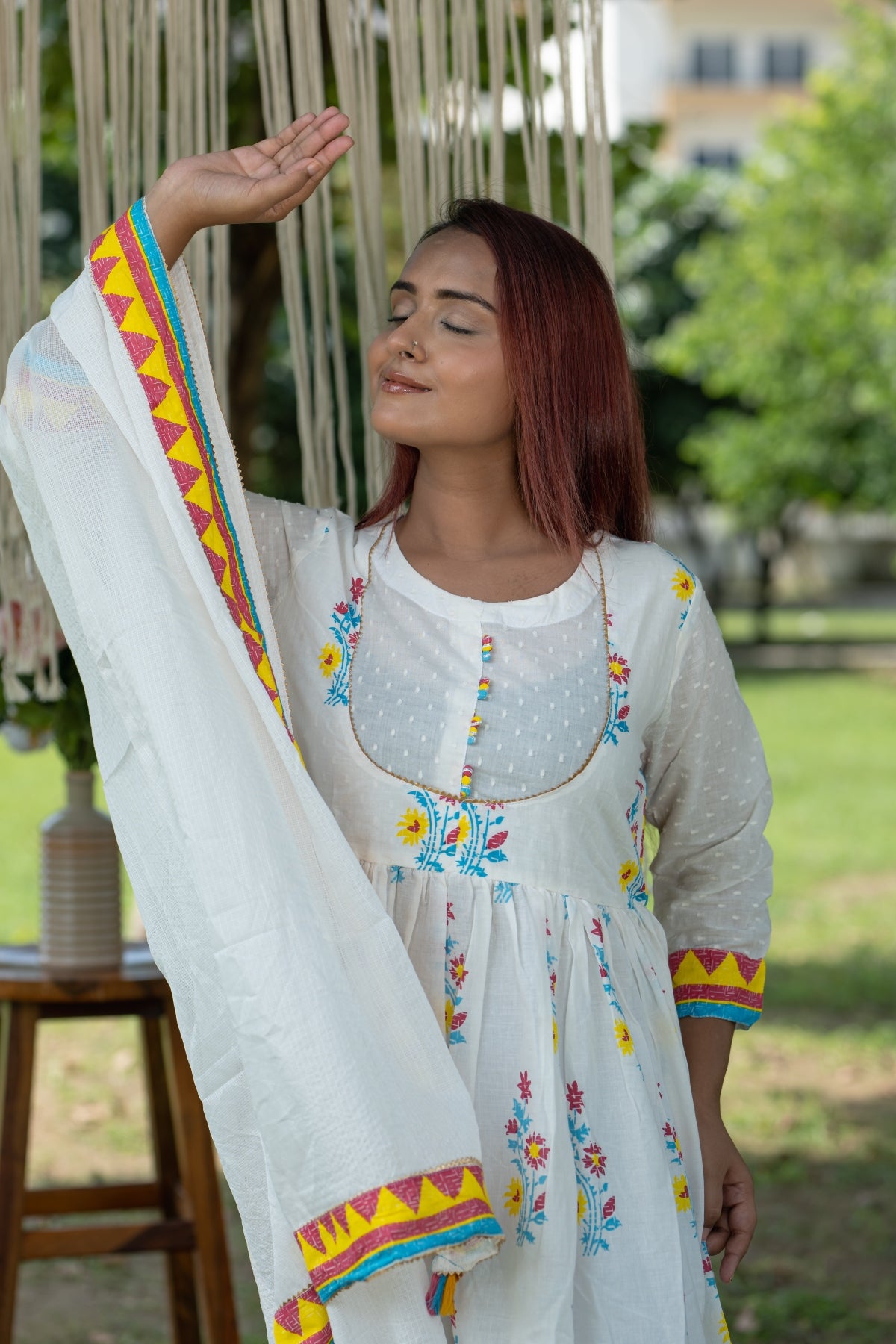 Handmade White Cotton Anarkali Gown Kurti Pant Dupatta Set - Women's Floral Print Ethnic Wear