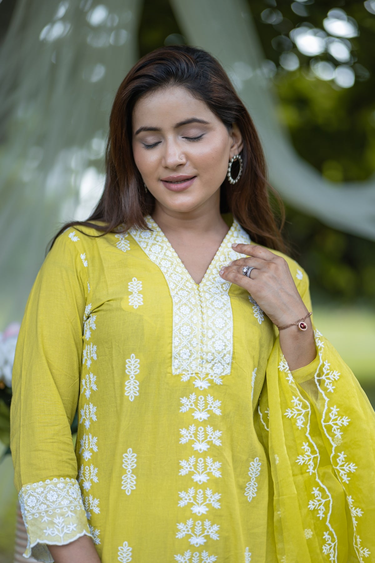 Vibrant Greenish Beige Embroidered Cotton Suit