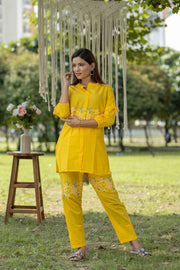 Vibrant Yellow Cotton Embroidered Coord Set