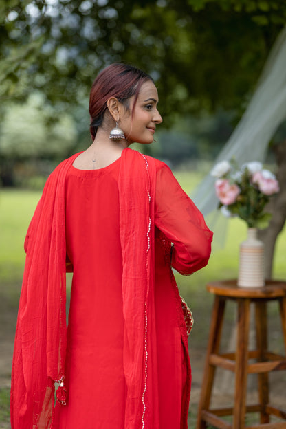 Elegant Red Embroidered Traditional Kurta Set with Potli Bag