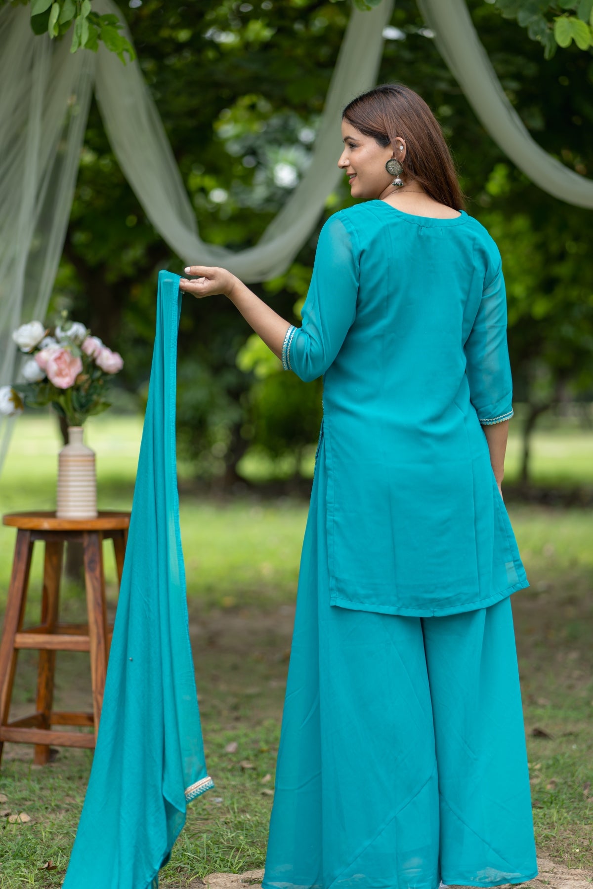 Embroidered Turquoise Georgette Kurta Set with Flared Pants & Dupatta