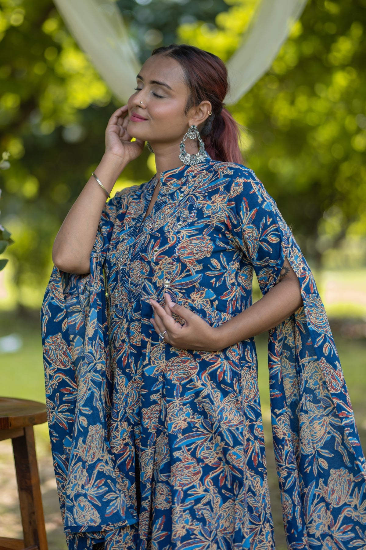 Blue Floral Printed Cape-Style Cotton Kurta Set