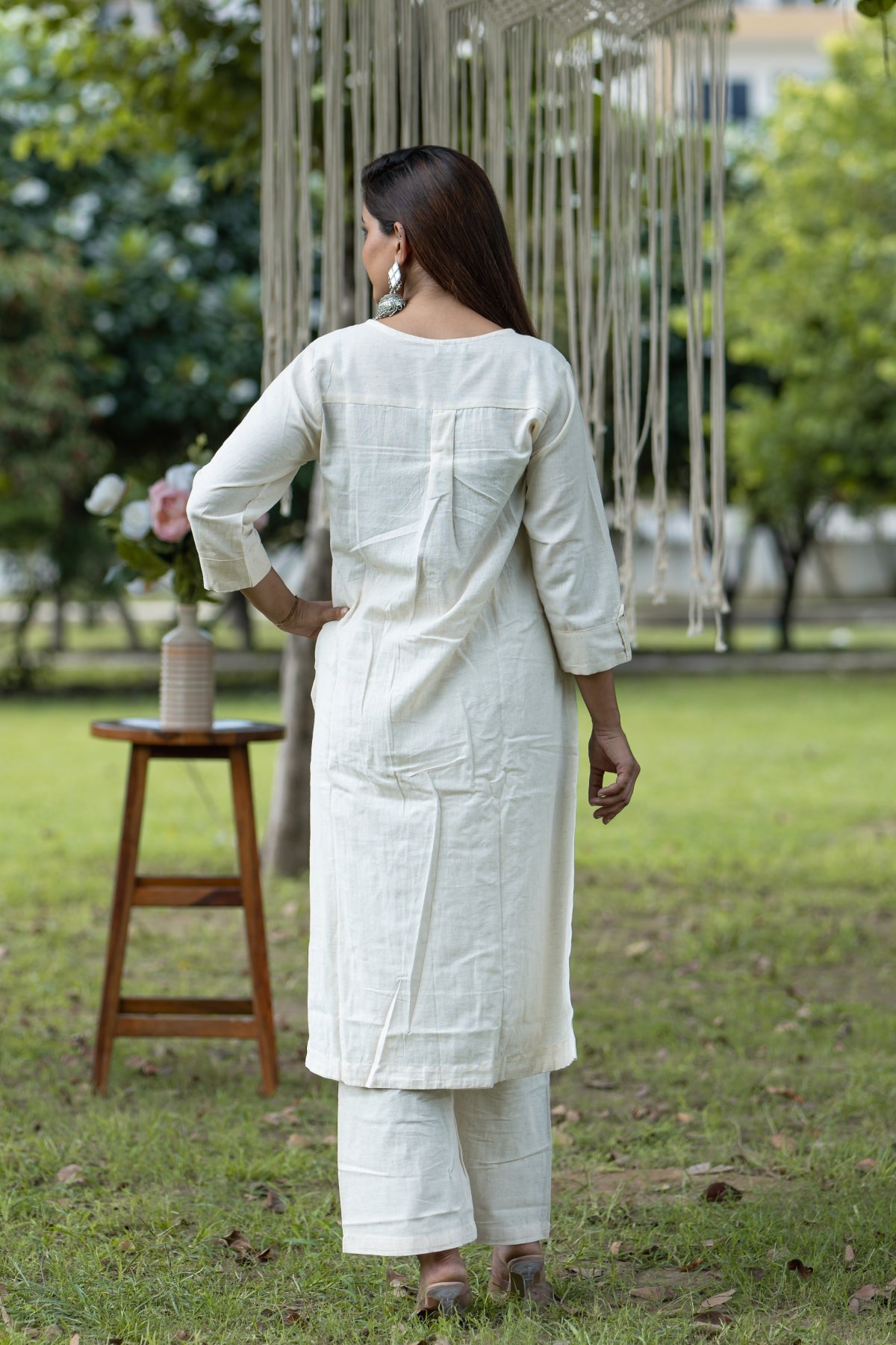 Elegant Khadi Cotton Kurti with Embroidered Yoke and Palazzo Set - Women's Ethnic Wear