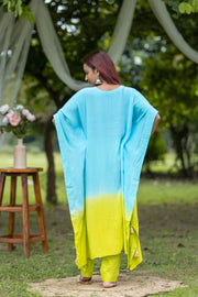 Elegant Tie-Dye Blue & Lime Kaftan Set with Embroidered Detail