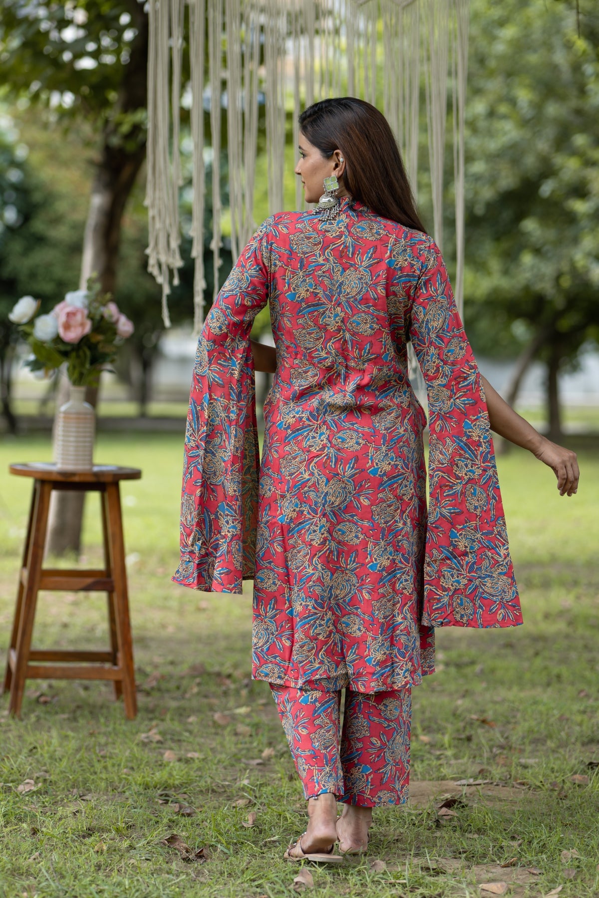 Red Floral Printed Cape-Style Cotton Kurta Set