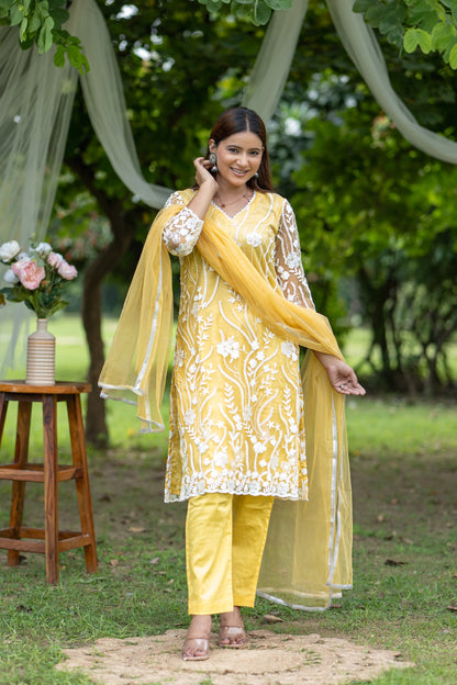 Bright Yellow Embroidered Kurta Set with Sheer Dupatta