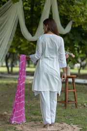 Soft White Floral Embroidered Cotton Kurta Set with Pink Accents