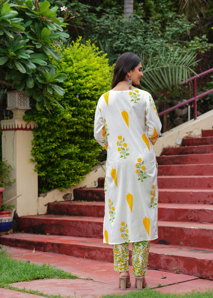 Yellow Cotton Floral Boota Printed Kurta Set with Mulmul Dupatta