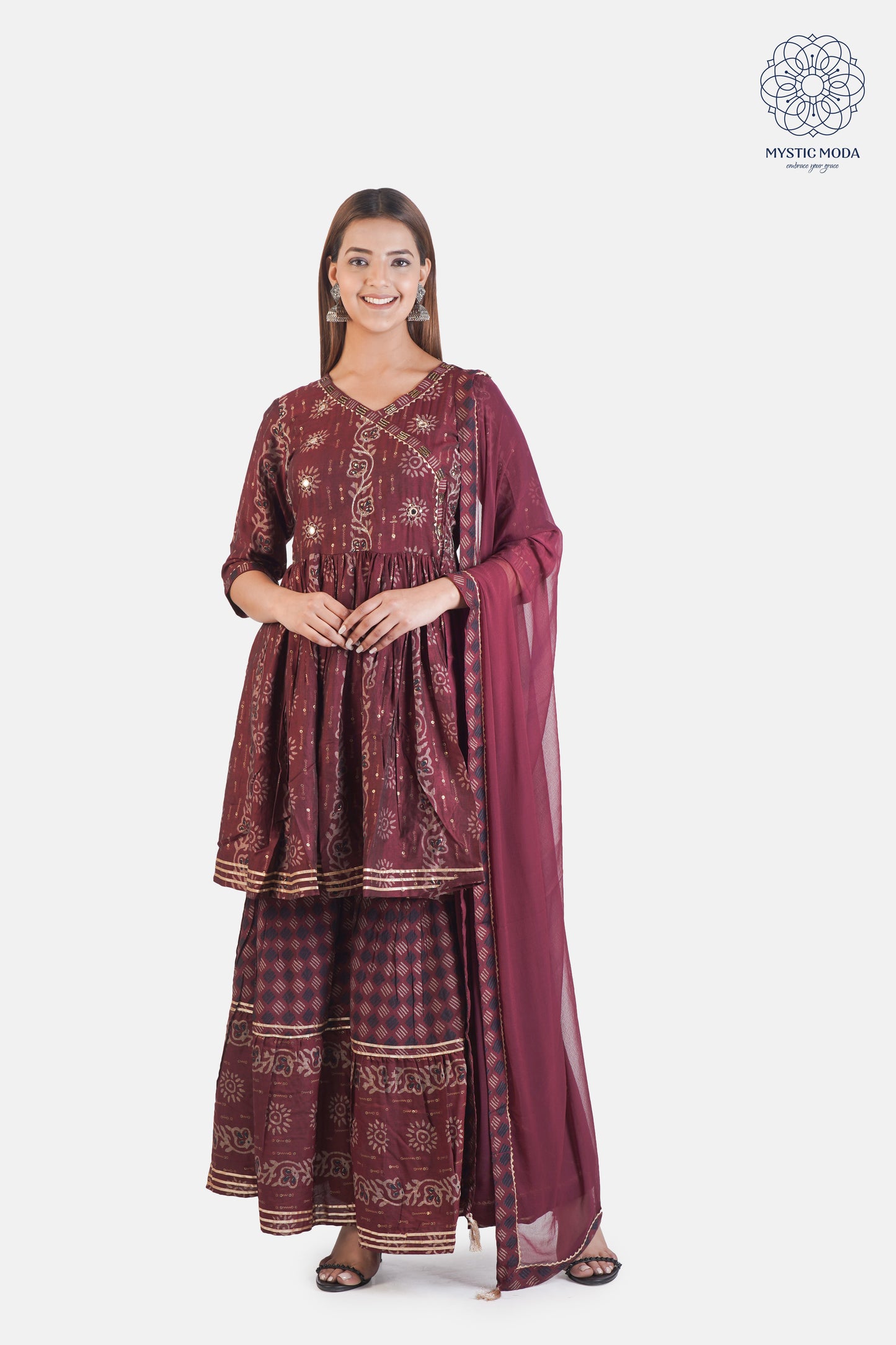 Wine Muslin Embroidered Sharara with Dupatta Set 