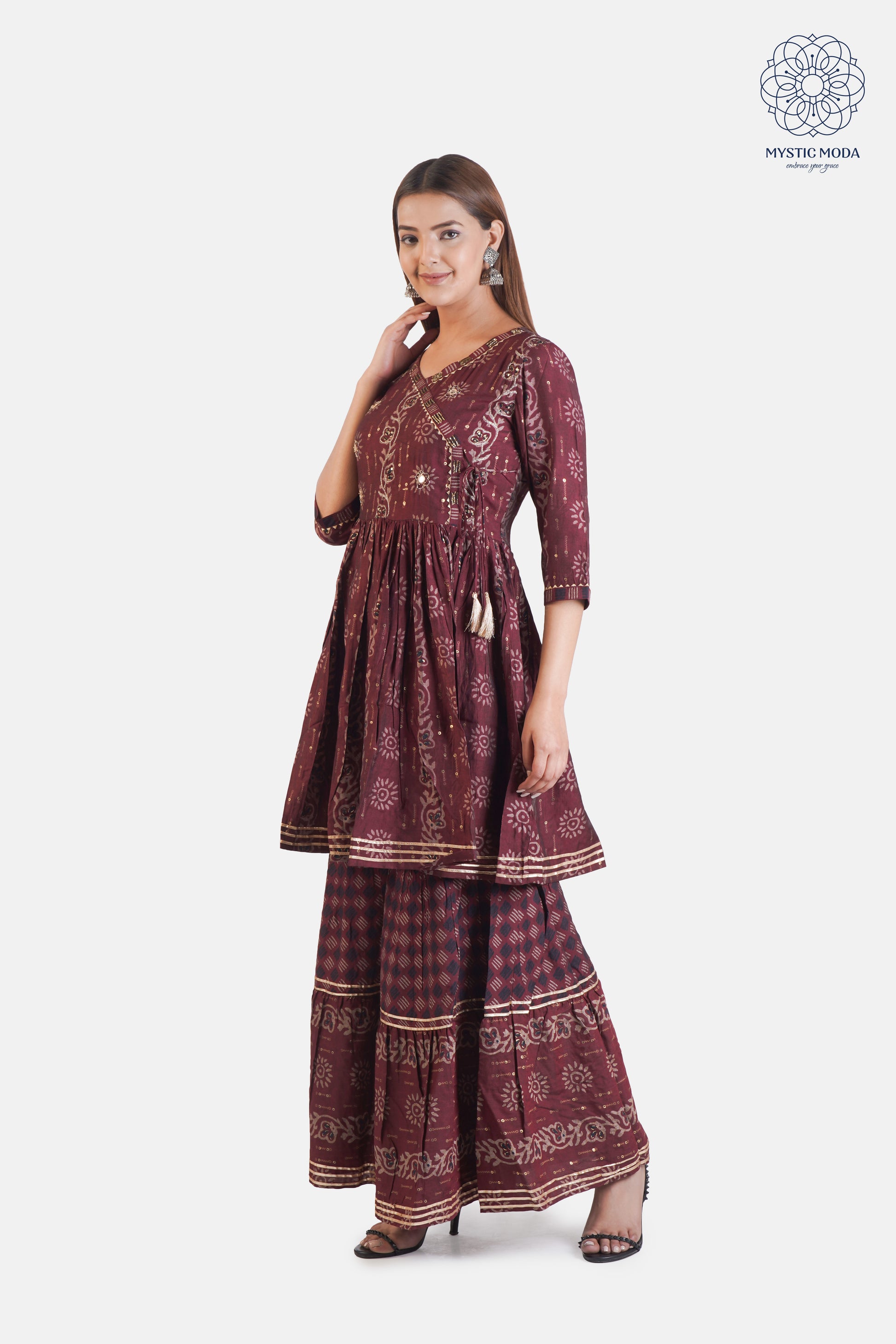 Wine Muslin Embroidered Sharara with Dupatta Set 