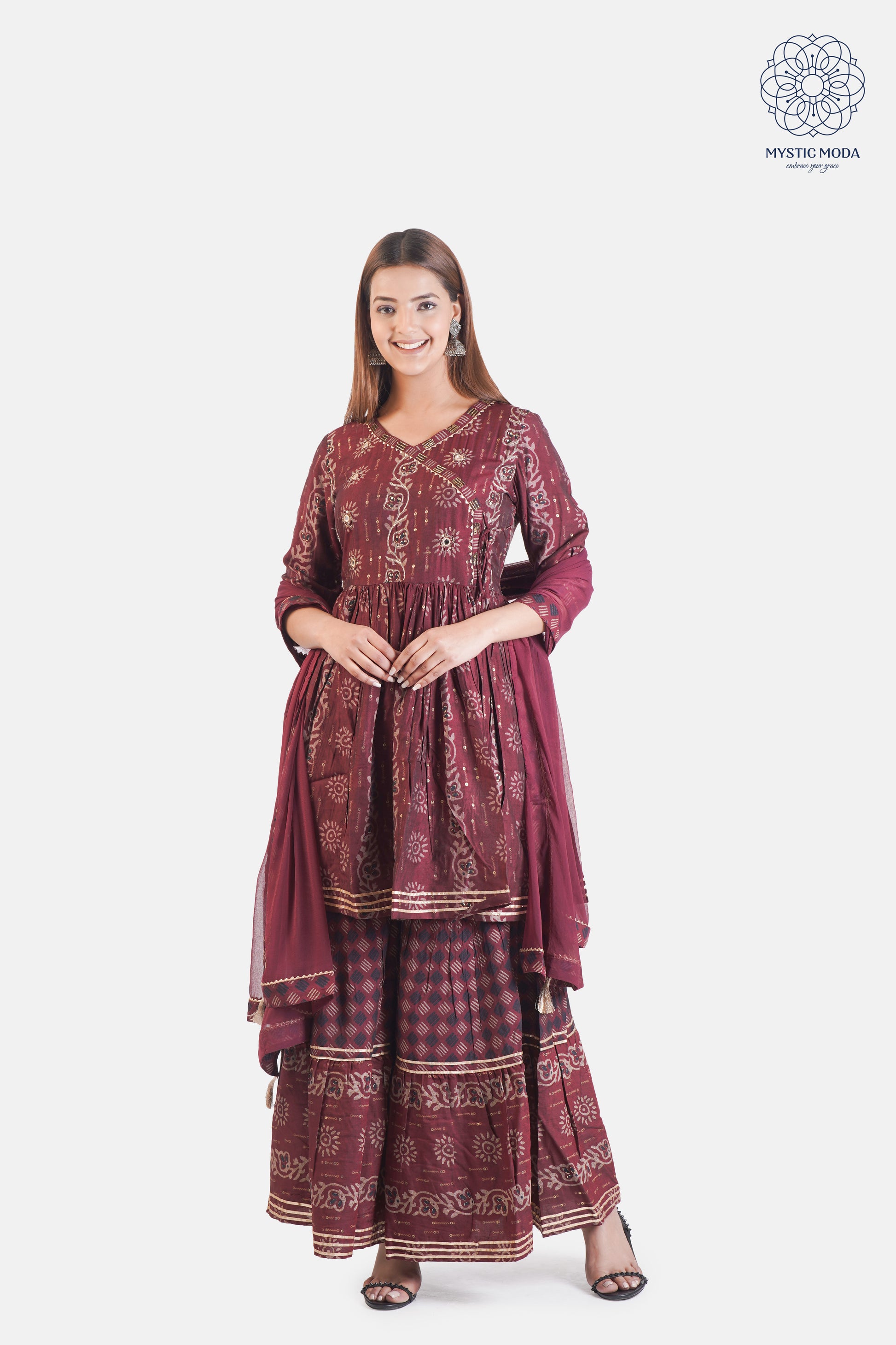 Wine Muslin Embroidered Sharara with Dupatta Set 