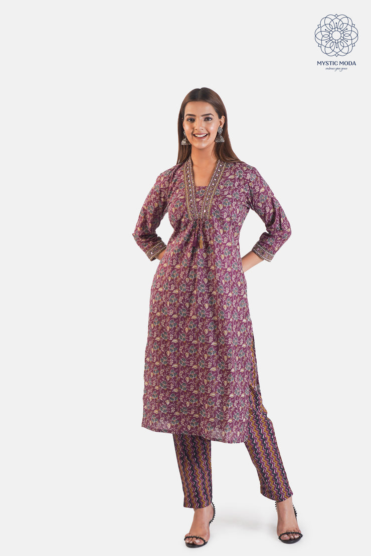 Maroon Printed Cotton Suit Set