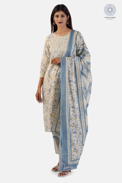 Sky Blue Cotton Printed Anarkali Kurti Pant Dupatta Set