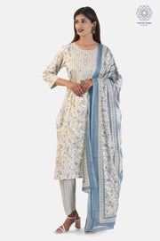 Sky Blue Cotton Printed Anarkali Kurti Pant Dupatta Set