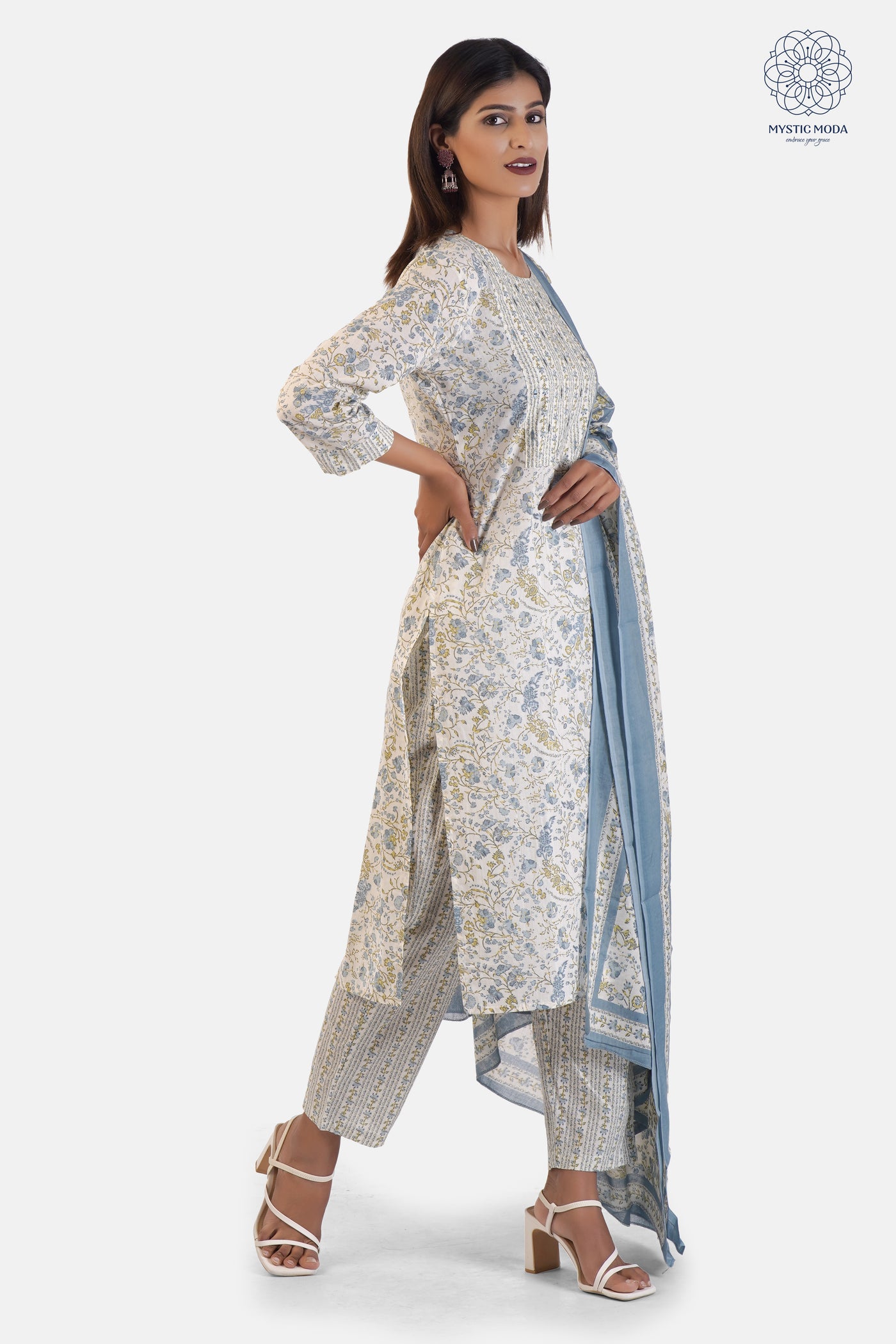 Sky Blue Cotton Printed Anarkali Kurti Pant Dupatta Set