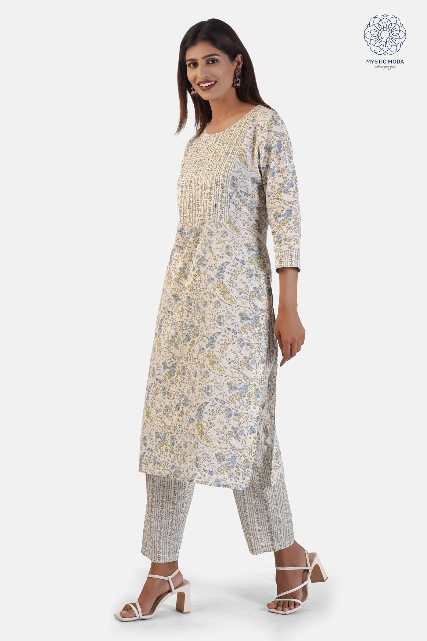 Sky Blue Cotton Printed Anarkali Kurti Pant Dupatta Set