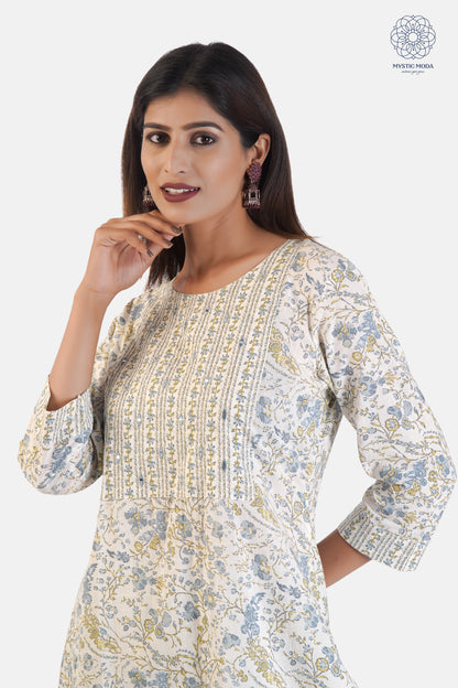 Sky Blue Cotton Printed Anarkali Kurti Pant Dupatta Set