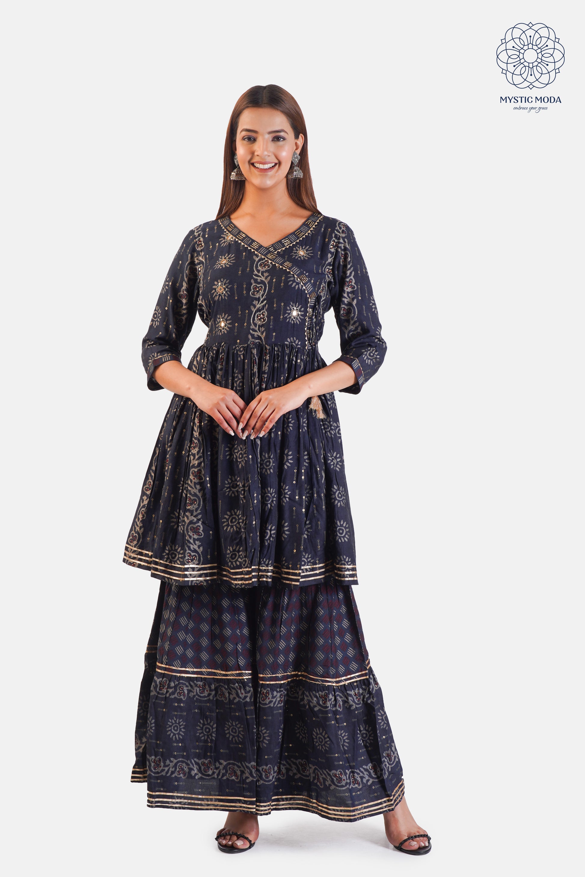 Blue Muslin Embroidered Sharara with Dupatta Set 