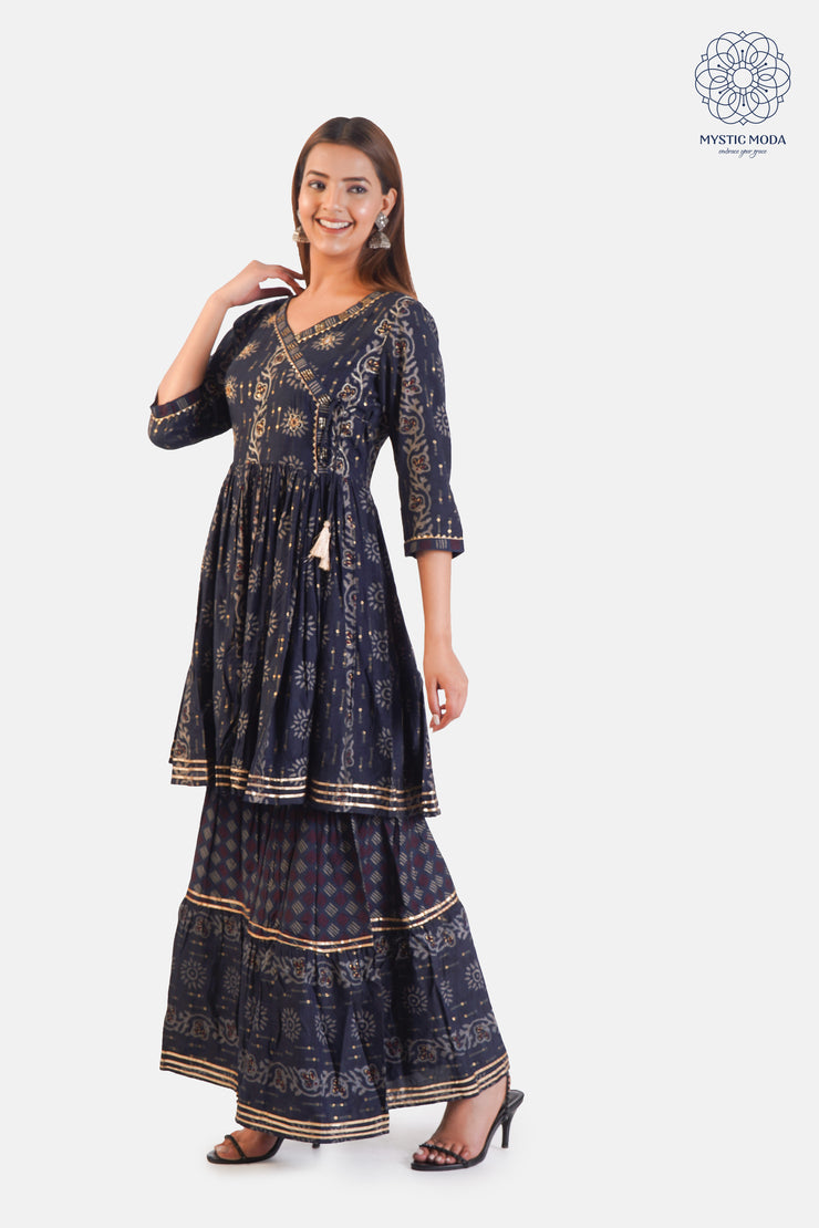 Blue Muslin Embroidered Sharara with Dupatta Set 