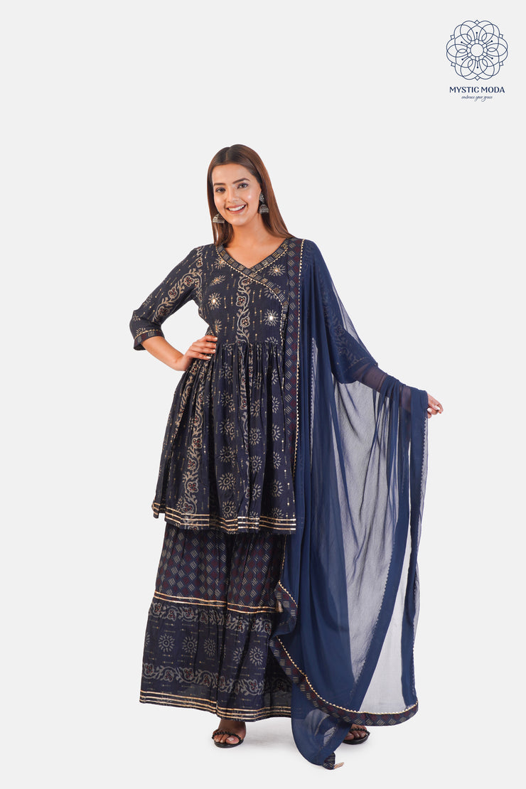 Blue Muslin Embroidered Sharara with Dupatta Set 