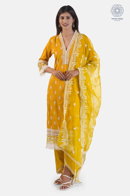 Yellow Heavy Rayon Thread Work Embroidered Salwar Suit Set 