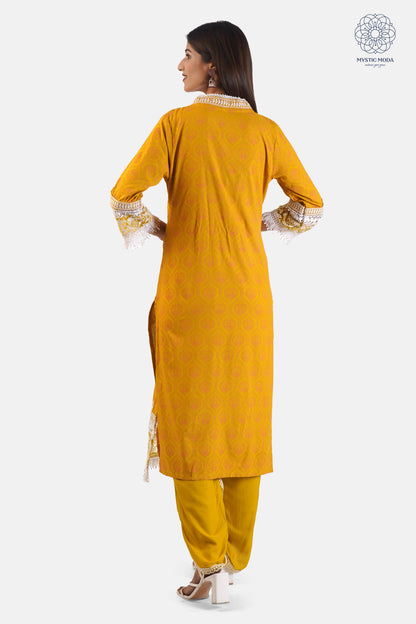 Yellow Heavy Rayon Thread Work Embroidered Salwar Suit Set 