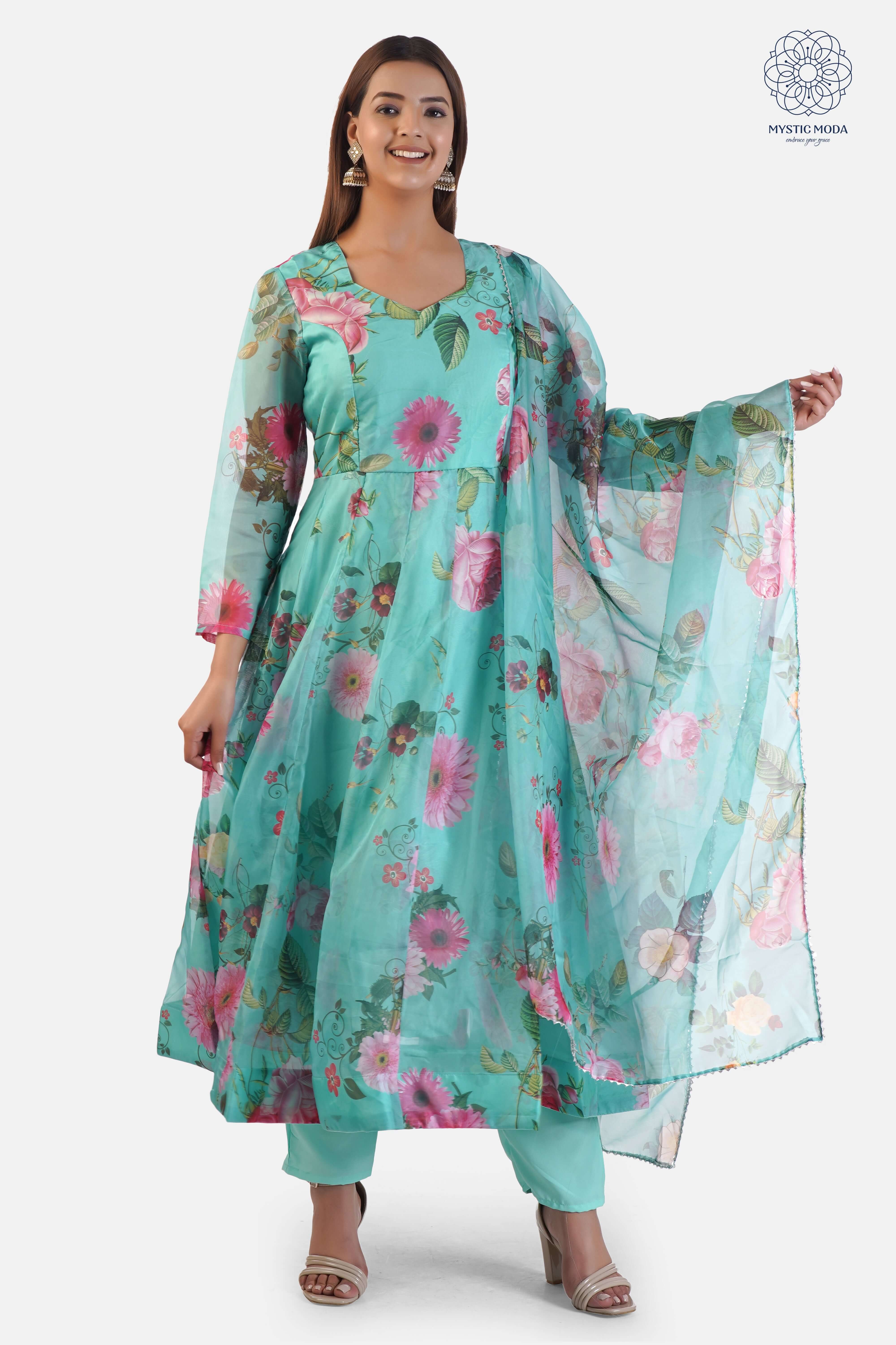 Green Organza Fabric Gown Style Anarkali Kurti with Pant and Dupatta