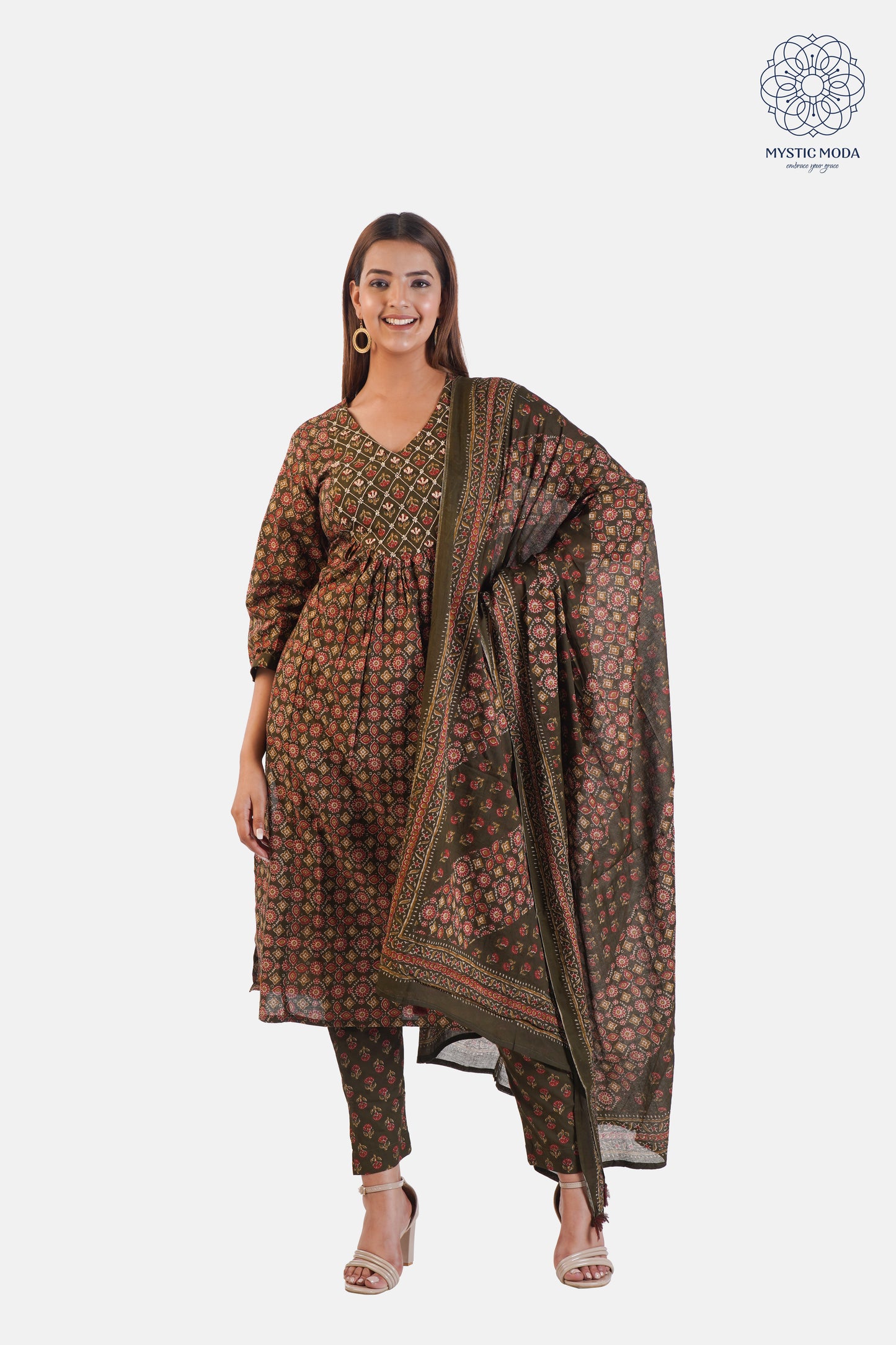 Brown Printed Silk Blend Straight Kurta with Printed Pants