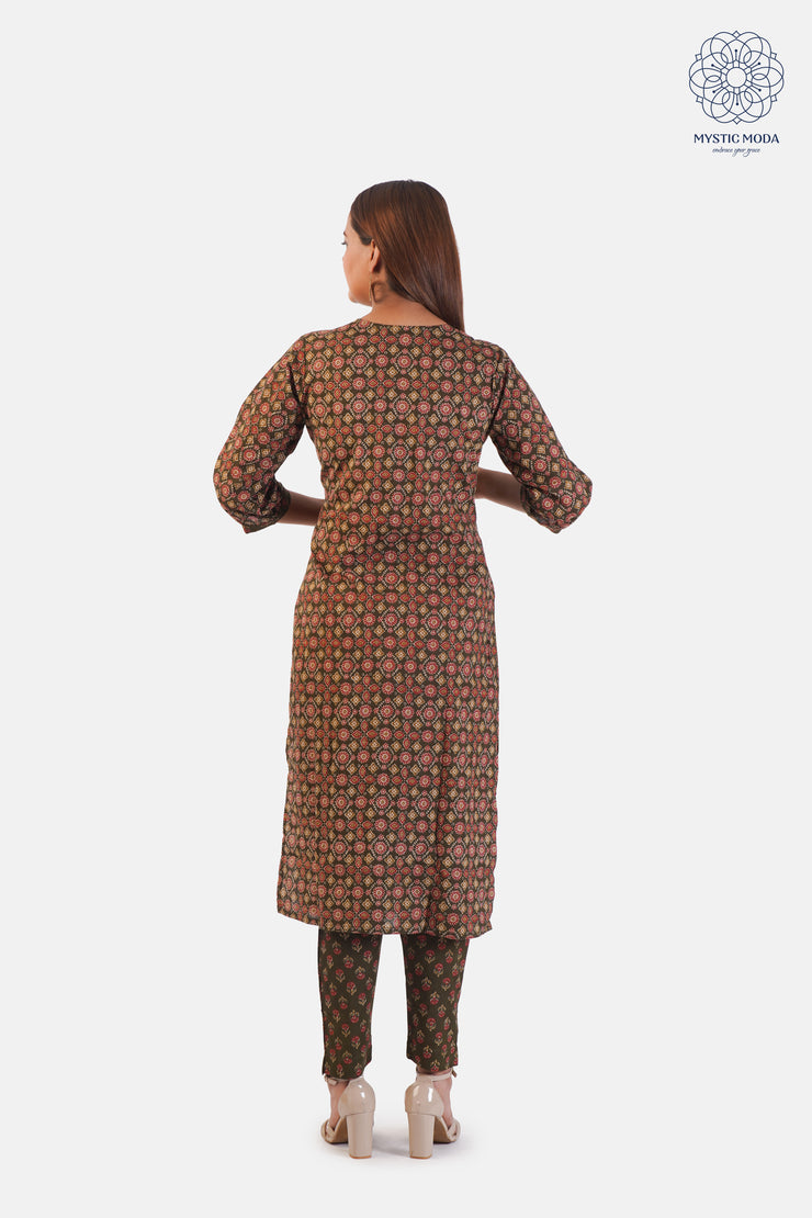 Brown Printed Silk Blend Straight Kurta with Printed Pants