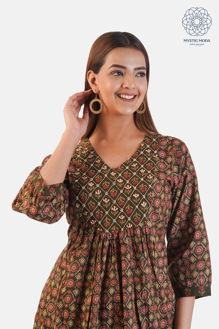 Brown Printed Silk Blend Straight Kurta with Printed Pants