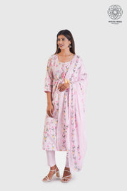 Pink Cotton Anarkali Long Gown Kurti Pant and Dupatta Set